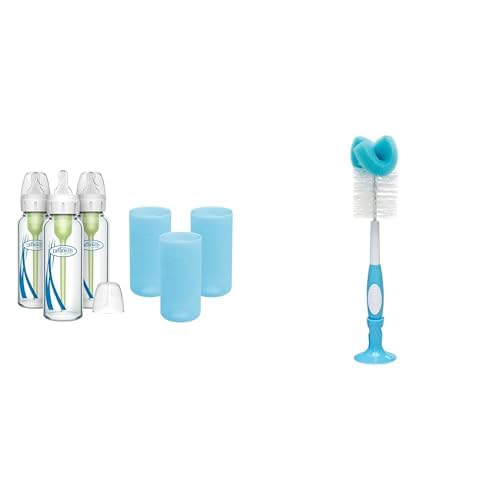 Dr. Brown's Anti-Colic Options+ Narrow Glass Baby Bottles 8oz and Level 1 Slow Flow Nipple, 3-Pack 0m+ and Blue Silicone Sleeves and Bottle Cleaning Sponge Brush with Suction Cup Stand, Blue