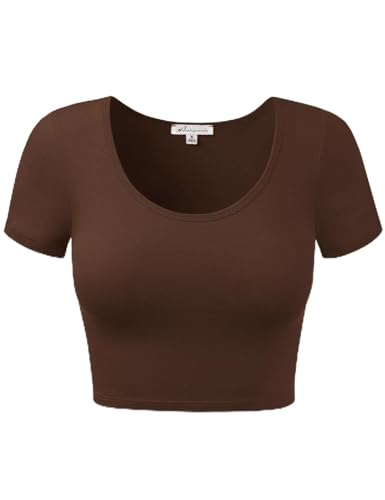Women Cotton Scoop Neck Crop Tops Short Sleeve Basic Casual Shirts SEPIABROWN M