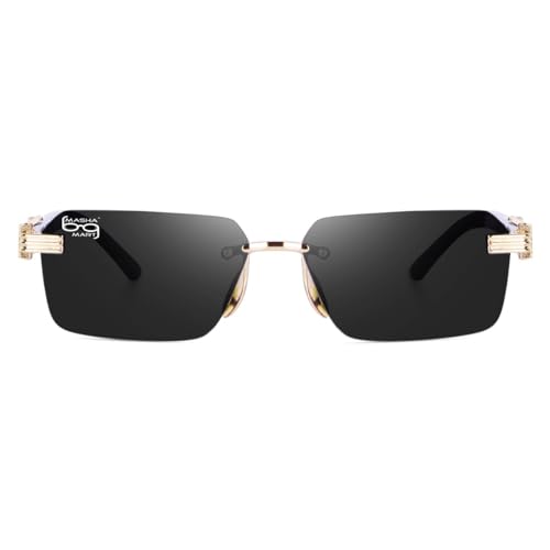Image of MC STAN | Rimless Luxury Sunglasses For Men & Women Black gold Frame Black & brown lens (Pack of 1)
