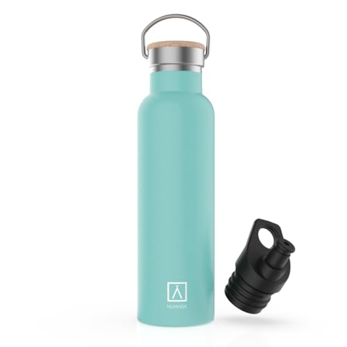 NUMADA-Botella Térmica Acero Inox 600ml Menta Estanca con Doble Pared al Vacío y Recubrimiento Cerámico. Mantiene Frío 24H y Calor 12H|Boca Ancha|Libre BPA|Incluye 2 Tapones (1 Sport)/Bolsa Transporte