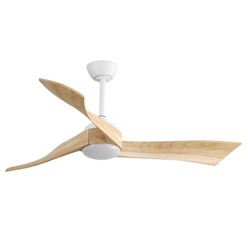 Pangshiyuan Ventilador de techo de 132 cm con luz LED, 3 aspas de madera maciza, motor DC silencioso, 6 niveles, marcha atrás, mando a distancia, para dormitorio, salón, color blanco