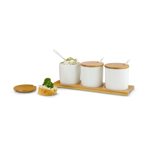 ROMINOX Geschenkartikel Dip-Set // TRE Malva – 10-teiliges Set, 3 Schalen, 3 Löffel und 3 Deckel, auf Servierbrettchen, für Dips, Saucen oder Marmeladen; Maße: ca. 28.5 x 9.5 x 9.2 cm