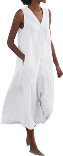 Spring Summer Sleeveless Cotton Linen Dress Summer Dresses for Women Sleeveless Pockets Vacation Maxi Dresses (XXL,Milky)