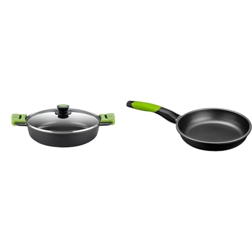BRA A400536 Prior Cacerola baja con tapa de cristal y asas de silicona, apta para todo tipo & PRIOR - Sartén, 32 cm, aluminio fundido con antiadherente Teflon Innovations