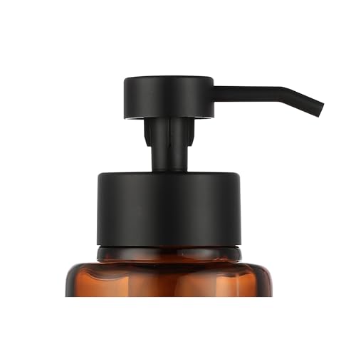 Image of H Halston Amber Glass Foaming Soap Pump Dispenser, Foaming Soap or Liquid handoap compatable, Refillable, for Bathroom or Kitchen Countertop, Bathroom, Home Decor, Amber with Matte Black Pump top