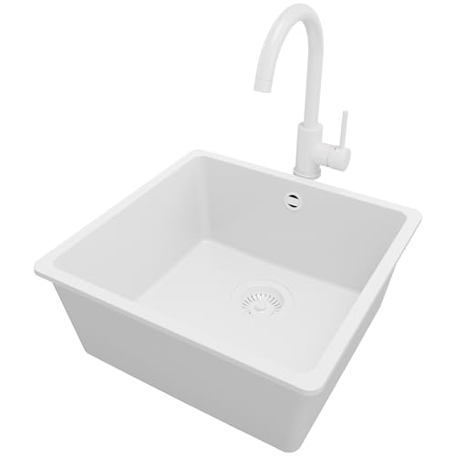 PRIMAGRAN Fregadero bajo Encimera Todo Blanco 46x44cm Granito 1 Seno + Grifo 32x20cm Sifón Cocina