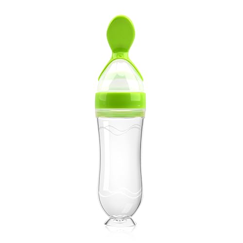Baby Food Feeder Silicone Baby Food Dispensing Spoon-WAJIAYON, 3 oz Squeeze Feeding Spoons with Suction Cup for Boys Girl Kids Toddlers - Self Feeding Bottle Spoon - Green