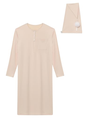 Hularka Men's Long Sleeve Nightshirt Solid Color Henley Sleep Shirt with Sleeping Cap Nightwear3