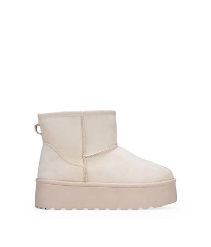 BOSANOVA Botines Estilo australianos confeccionados con caña Media de 12 cm, Detalle de Logo, Forro de Pelo y Suela de Plataforma de 4.5 cm. Sin Cierre. Calzado para Mujer Beige 36