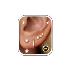 6 Pairs 14K Gold Plated Stud Earrings for Women, CZ Cartilage Stack Set | Hypoallergenic, Small Cartilage Earrings, Multiple Piercing, Dainty Stacks, Lightweight for Daily Wear, Jewelry Gift