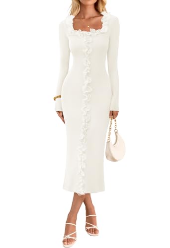 MEROKEETY Women's Fall Long Sleeve Sweater Dress 2025 Bodycon Square Neck Ruffle Ribbed Knit Midi Dresses
