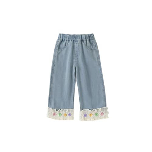 LittleSpring Girls Jeans with Floral Lace Hem Wide Leg Casual Trousers