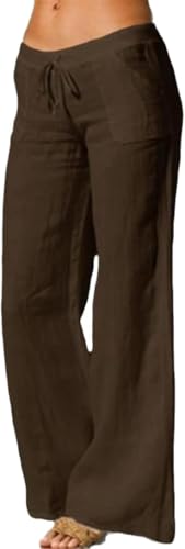 Women's Casual High Waisted Linen Pants Relaxed-Fit Wide Leg Drawstring Pants Beach Palazzo Pants with Pockets