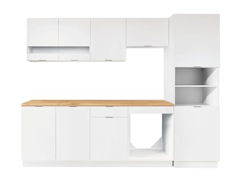 Vente-unique - Ensemble Cuisine compléte + Colonne - Blanc et Naturel - CARMEO