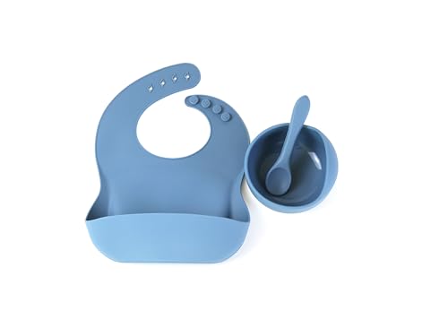 Evolve Heritage Collection Baby/Toddler Feeding 3pc Set: Baby Bowl with Suction, Silicone Bib, Baby Spoon. Baby Led Weaning Supplies. (Midnight Tide)