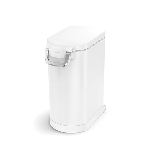 Image of simplehuman Large Pet Food Storage Container, Holds 30-35 lb / 14-16 kg of Dry Dog Food, Cat Food, or Bird Seed, Airtight Lock-Tight Lid with Magnetic Scoop, BPA-Free, White Steel