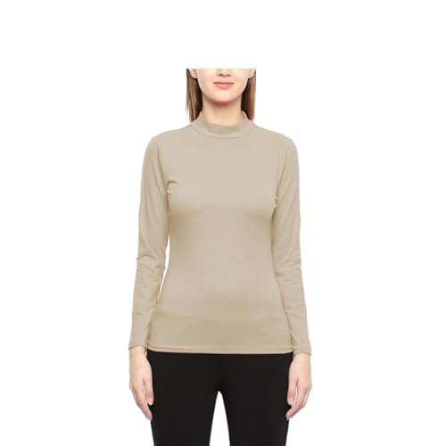 P&R DANCEWEAR LTD - Camiseta de manga larga con cuello alto para mujer, elástica, lisa, informal, ajuste cómodo, peso ligero, cuello enrollado, camiseta de invierno, crema, S-M