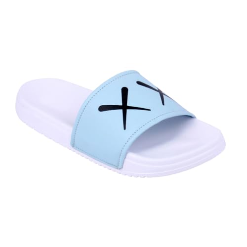 Image of PERY-PAO Sliders Mens White, Sky Blue Stylish Printed Flip Flop & Slippers