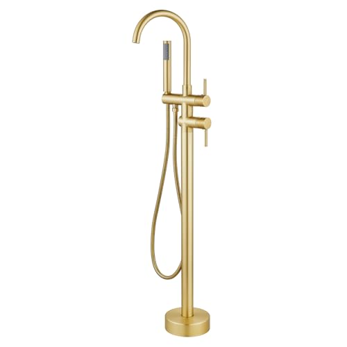 gotonovo Floor Mount Bathtub Faucet High Flow Freestanding Tub Filler Standing Shower Faucets with 360° Swivel Gooseneck Spout and Cylinder Handheld Spray, Brushed Gold