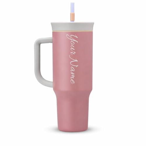 Image of SKDBPM Personalized Stainless Steel Tumbler with Handle, 1200ml Capacity, Black Insulated Travel Mug with Straw, Custom Name Design (1200ml Pink)