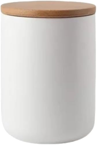 保存容器 キャニスター 陶器 食品保存瓶 気密缶 セラミック 茶筒 密封びん フタ付き 木製蓋 缶 食品貯蔵 砂糖 豆 珈琲豆 コーヒー豆 海苔 ナッツ 省スペース 大容量 (ホワイト)