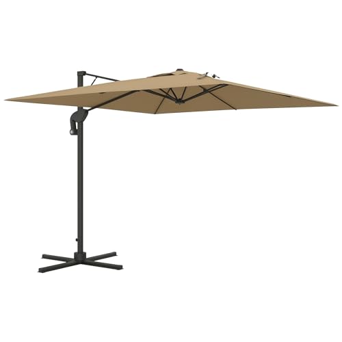 Outsunny Parasol déporté avec mécanisme hydraulique parasol de jardin extérieur carré rotatif à 360° base croisée et mât en aluminium dim. 3L x 2,6l m polyester haute densité kaki