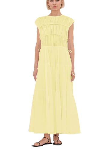 Image of calbatic Women Pleated Ruched Tiered Maxi Dress Sleeveless Patchwork Ruffle Hem A Line Flowy Summer Elegant Long Dress