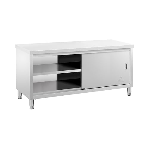 Royal Catering RCSSCB-180X60-E Meuble Bas en INOX Plan De Travail Cuisine Armoire avec Portes Coulissantes (Capacité de 600 kg, Acier Inoxydable, 1 Tablette)