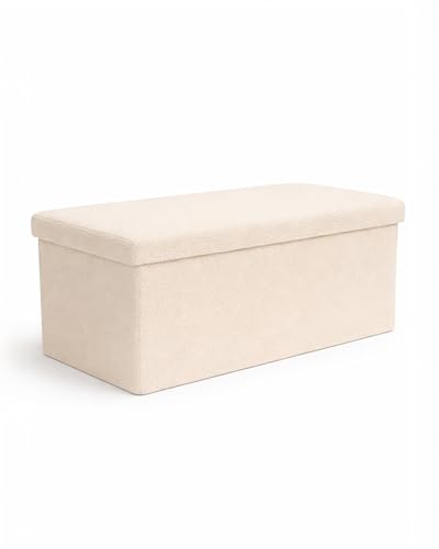KEPLIN Storage Ottoman Bench 76×38×38 cm Large 90 L Hidden Storage Rapid FoldFlat Design 150kg Load Capacity Tufted Teddy Fabric Finish Ideal for Hallway Bedroom Living Room - Cream