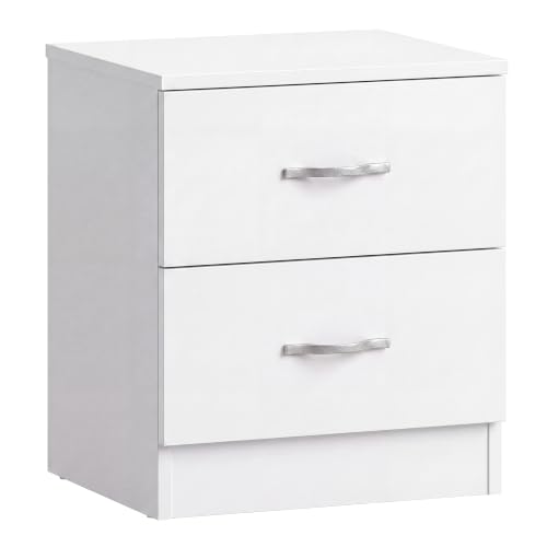 Vida Designs Mesita de Noche Blanca, 2 Asas y guías de Metal, Soporte único para cajones antiarqueamiento, Muebles de Dormitorio Riano, Plata, White, 47 x 40 x 36 cm