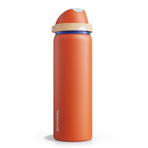 Image of Insulated Water Bottle with Straw - Encool Stainless Steel Water Bottle with Push Button Lid, Leak-Proof & BPA-Free, Keeps Cold for 24 Hours for Sports, Travel, Gym (32 oz, Salmon)