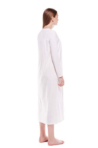 Keyocean Women Nightgown 100% Cotton Embroidered Printing Long Sleeve Long Nightgown Sleepwear, Cream, Large