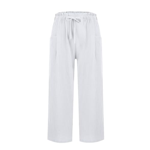 Pantalones Mujer Verano de Lino de Algodón Casuales Pantalón de Cintura Alta y Pernera Ancha Elástico Pantalones Rectos con Cordón Verano Bolsillos Ligeros y Cómodos Elegant