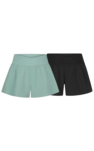 Yogalicious Girls Shorts Crossover Waistband Hybrid FlowyTennis Kids Short 2PK - Clover/Black - Medium