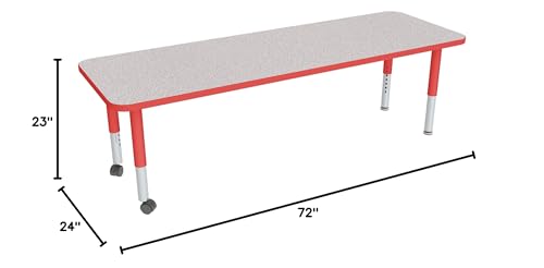 Image of Sprogs Adjustable Height Mobile Classroom Activity Table for Preschools, Rectangle Preschool Activity Table with Casters, 24 inchD x 72 inchW x 23 inchH, Gray /Red