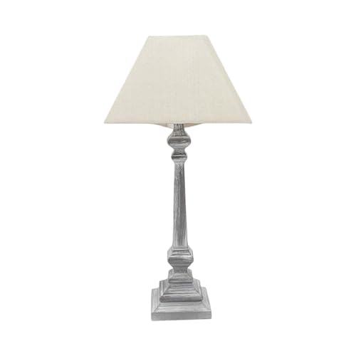 AcaciaHome Stylish Living Tall Grey Washed Wooden Table Lamp with Taupe Linen Shade – Energy-Efficient E27 Bulb, Soft Ambient Glow Shabby Chic Lighting for Bedroom, Living Room & Office