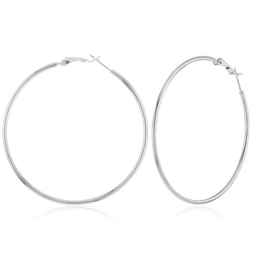 Image of Silver Hoops Earrings for Women 70mm Stainless Steel Plated Gold Large Hoop Earrings Hypo-allergenic Oversize Thin Hoops Earring for Women Girls