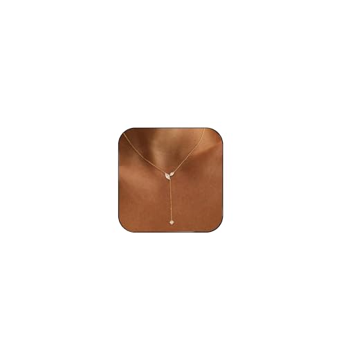 WATEFOER Collier Longue en Y pour Femme, Colliers Lariat délicat Plaqué Or 14k avec Pendentif en Zircone Collier Long en Étoile Feuille Bijoux Cadeaux pour Vacances d'été Noël