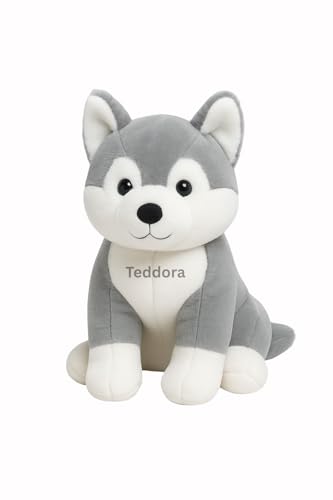 Image of Husky Dog Soft Toy for Girls Boys Kids,Grey,Husky with Glitter Eye Animal Plush Stuffed Baby Teddy Gift Birthday, 30 cm
