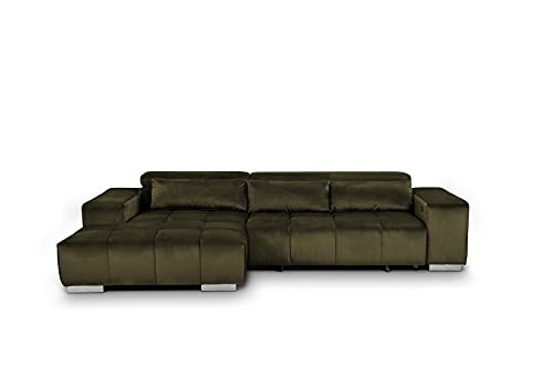 Mivano Eckcouch Orion / Großes Ecksofa mit XL-Recamiere inkl. Relaxfunktion, Kopfteilfunktion und Kissen / 307 x 73 x 186 / Velours, Grün – Bild 7