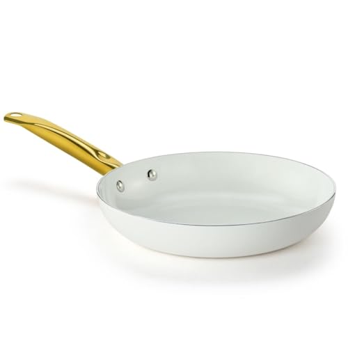 Image of Holstein Housewares 8-Inch Ceramic Nonstick Frying Pan Skillet, Elegant White and Gold Color Handle - Golden Elegance for Every Kitchen