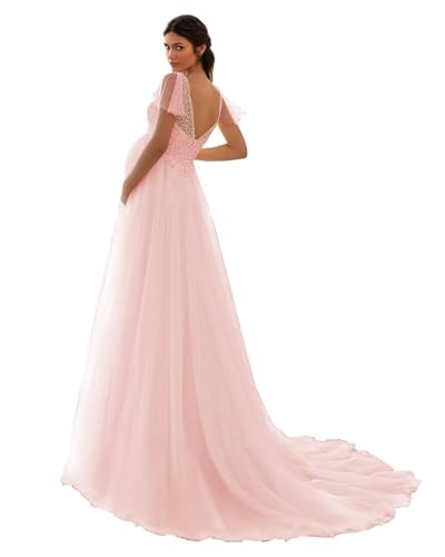 HAIBFJIN Robe de maternité en tulle avec col en V - Robe de mariée pour femme enceinte - Robe de maternité pour fête prénatale - Robe de séance photo,...