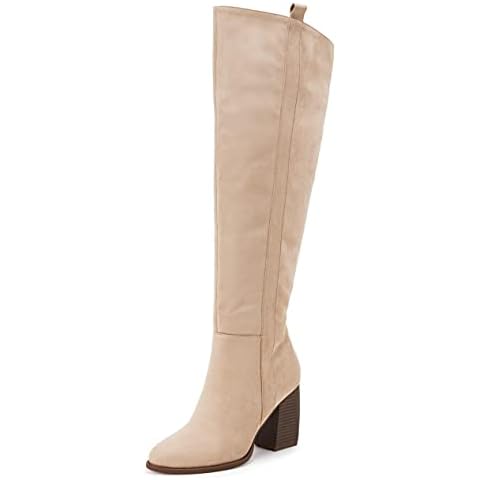 SERAIH Womens Over The Knee Thigh High Boots Faux Suede Pointed Toe Side Zipper Chunky Block Heel Stretch Boots Cover