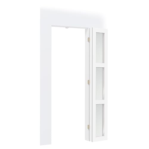 SOLRIG 180 Degree Bifold Door, for 30″x 80″Openings, White 3-Lite Frosted Folding Door with Hinges Hardware Set, Full Access Bifold Closet Doors Perfect for Room Dividers