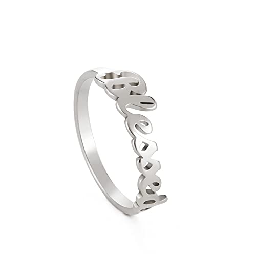 LIKGREAT Faith Strength Engraving Blessed Ring Thin Finger Ring Inspirational Pray Religious Ring for Women (Silver tone, 7)