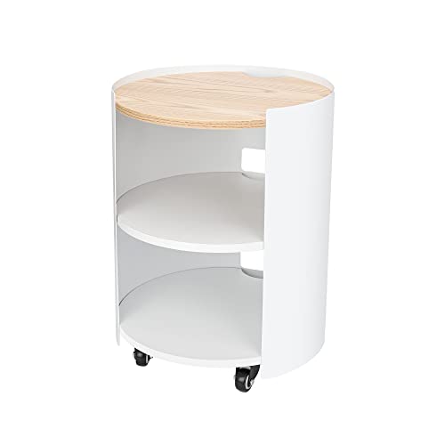 Modern 3-Tier Round End Table With Wheels, Metal Frame Small Side Table With Storage Shelf, Nightstand Bedside Table For Living Room And Bed Room (White) #TOP5