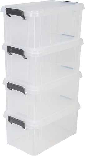 Iris Ohyama, Caja de Almacenaje de Plástico con Tapa, 6L, Juego de 4, Transparente, Clips de Cierre, Asa, Apilable, Organización Sólida y Duradera, Para Dormitorio, Garaje, Oficina, MBX-6