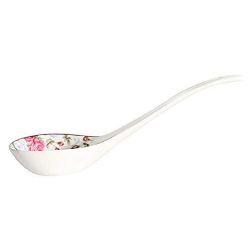Big Porcelain Spoon Bone china Large Porridge Spoons White Ceramic Flatware Soup Spoons Long Handled Flower Pattern Scoop(Flower Pattern)