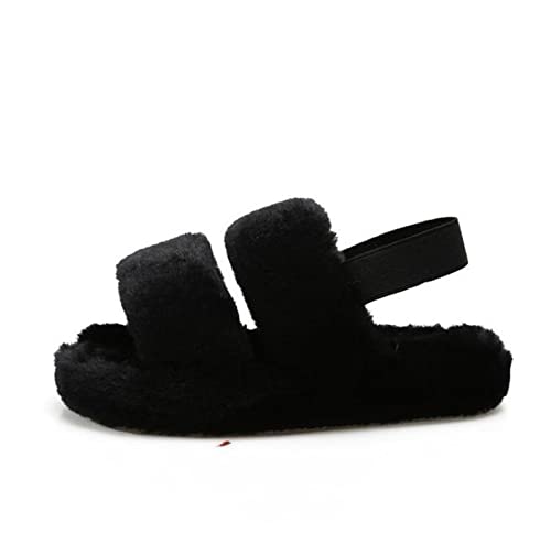 Furry Winter Slippers Slides for Women Faux Sliders Indoor Home Shoes Strap Shoes Female Casual Comfor Winter Footwear(Black,38-39)