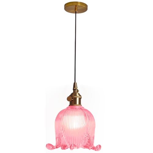 Qufute Pink Flower Pendant Light Mid Century Modern Adjustable Hanging Light Small Retro Style Pendant Lighting with Gold Brass Finish 5.9Inch Flower Glass Shade for Living Room Kitchen